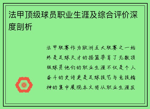 法甲顶级球员职业生涯及综合评价深度剖析