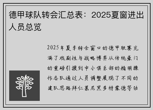 德甲球队转会汇总表：2025夏窗进出人员总览